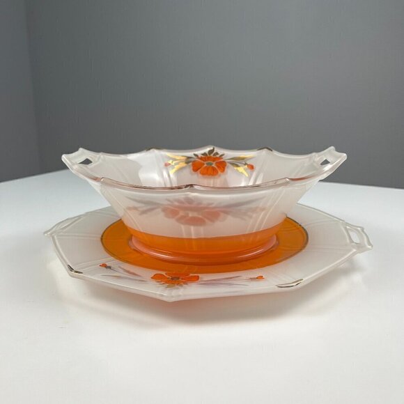 Other - Art Deco handle serving bowl and plate octogonal 30s dish inverted orange paint